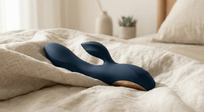 Blue silicone rabbit vibrator on a bed with a neutral background