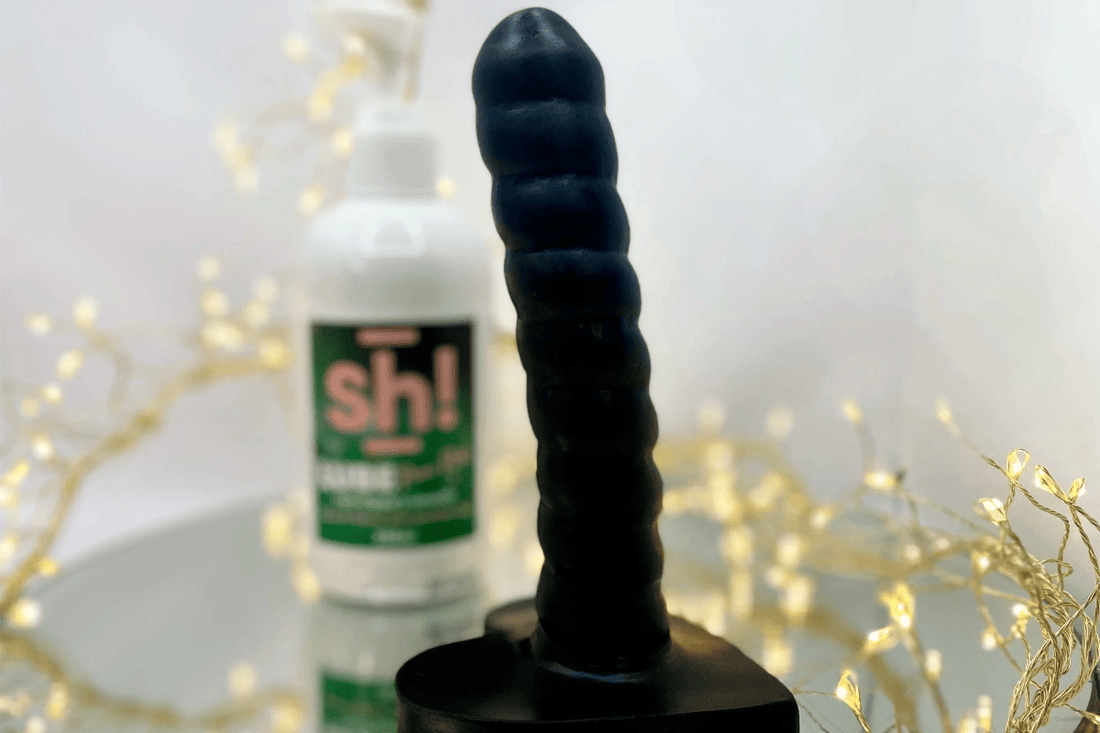 Slender, black silicone anal dldo with ribbed shaft