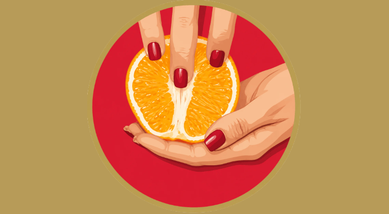 Illustrated hands with dark red nail polish holding a sliced orange over a red circular background on a tan backdrop.