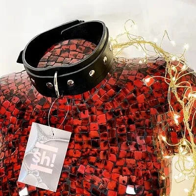 Black leather collar on a red textured surface with string lights
