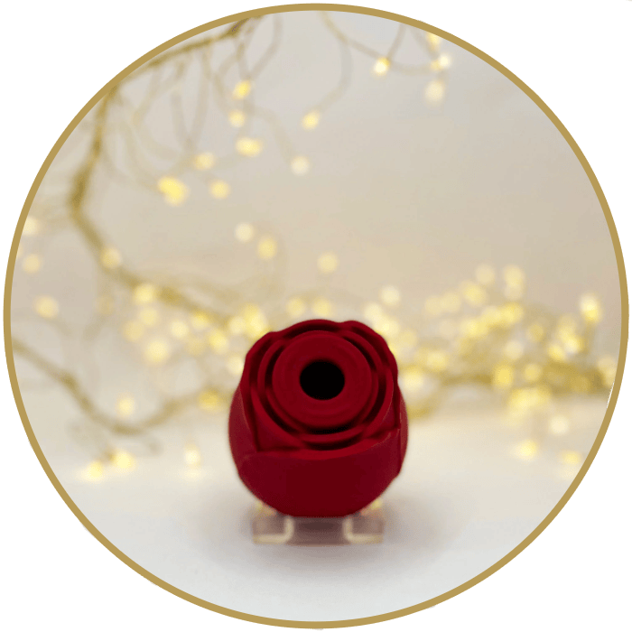 A rose suction toy displayed on a small clear stand, centered inside a circular frame with a soft white background and warm blurred string lights.