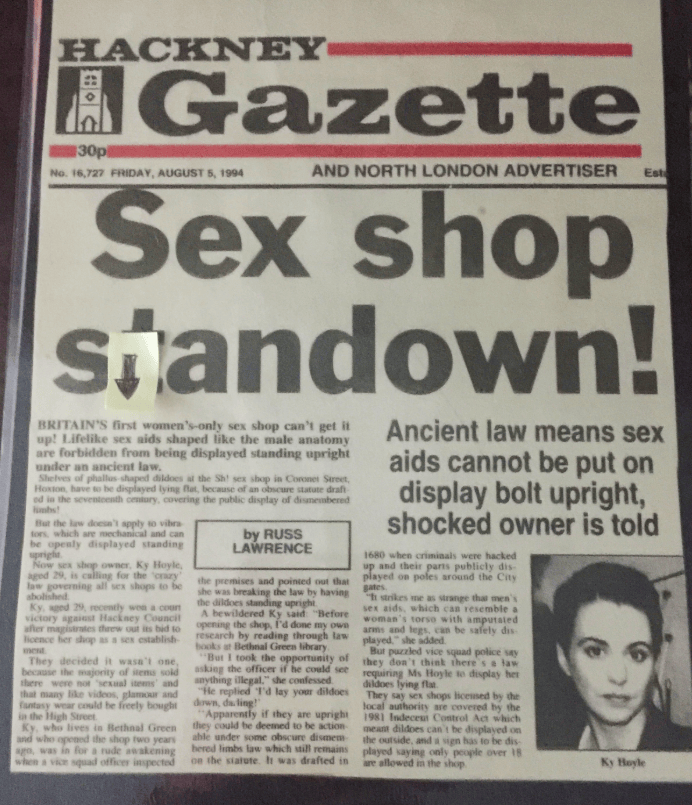 A vintage Hackney Gazette newspaper front page from August 9, 1984, featuring the headline 'Sex shop stoodown!' with multiple columns of text and a small portrait photo of Ky Hoyle, Sh! Women's Store founder