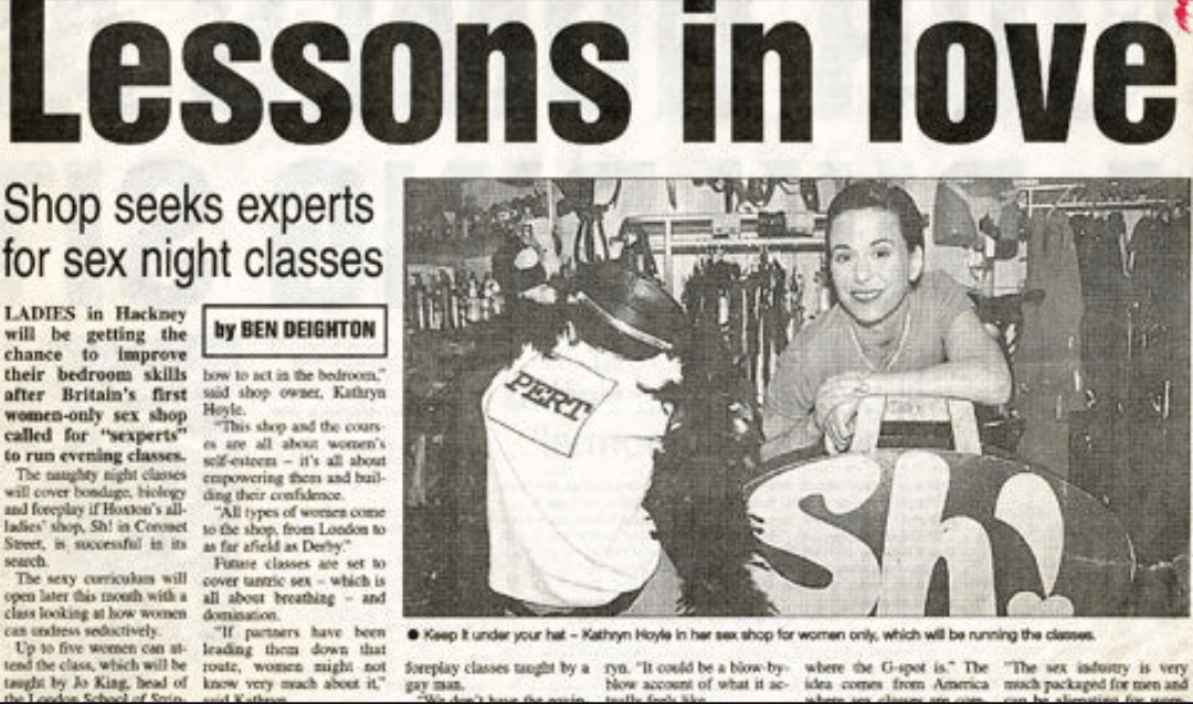 newspaper clipping with headline 'lessons in love' - Sh! launches UK's 1 st educational classes for feamale sexuality