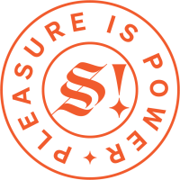 Circular logo with text 'Pleasure is Power' in orange 
