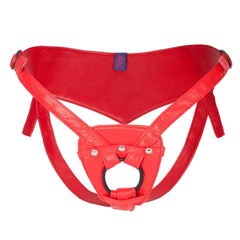 Sh! Women's Store Leather Strap-On Harness Red / Small / Medium (8-12) Super StrapOn Dildo Harness
