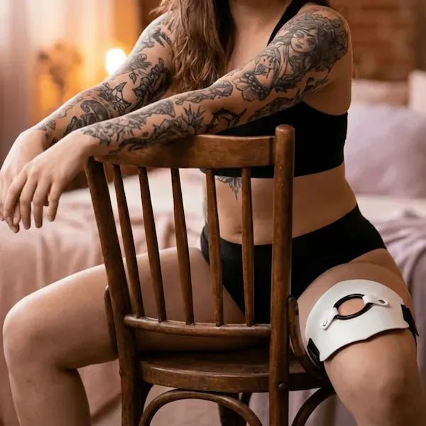 Thigh Strap On Harness worn on a leg by woman with tattoos