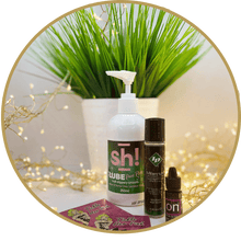 Sexual wellbeing products lubricant in front of a green plant