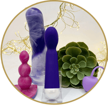 4 different women's sex toys; purple marble dildo, purple g-spot vibrator,small pink butt plug & lilac kegal ball displayed with green succulant plant, surrounded by fairy lights